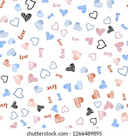 Light Blue, Red vector seamless pattern with phrase LOVE YOU, hearts. Design in doodle style with text LOVE YOU, hearts. Pattern for design of fabric, wallpapers.