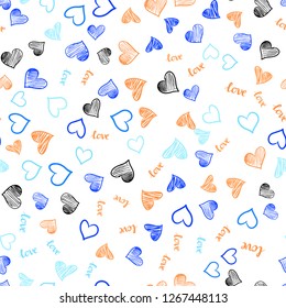 Light Blue, Red vector seamless texture with words LOVE YOU, hearts. Colorful illustration with quote LOVE YOU, hearts. Pattern for design of fabric, wallpapers.