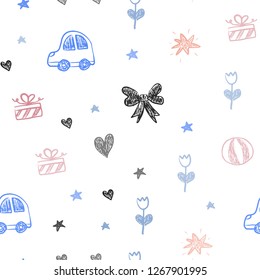 Light Blue, Red vector seamless backdrop with holiday gifts. Colorful illustration with a toy car, heart, baloon, tulip, candy, ball. Template for new year postcards.