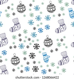 Light Blue, Red vector seamless template with ice snowflakes, balls, socks, mittens. Glitter abstract illustration with gradient. Pattern for design of fabric, wallpapers.