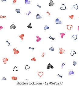 Light Blue, Red vector seamless background with words of love, hearts. Romantic illustration with colorful phrase LOVE YOU, hearts. Template for business cards, websites.
