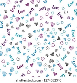 Light Blue, Red vector seamless texture with words LOVE YOU, hearts. Illustration with phrase LOVE YOU, hearts for valentine's day. Pattern for design of fabric, wallpapers.