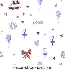 Light Blue, Red vector seamless background with xmas attributes. Illustration with a colorful toy car, heart, baloon, tulip, candy, ball. Pattern for new year ads.