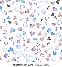 Light Blue, Red vector seamless pattern with phrase LOVE YOU, hearts. Illustration with phrase LOVE YOU, hearts for valentine's day. Template for business cards, websites.