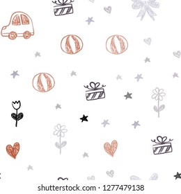 Light Blue, Red vector seamless texture with birthday gifts. Colorful illustration with a toy car, heart, baloon, tulip, candy, ball. Template for new year postcards.