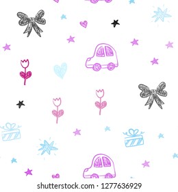 Light Blue, Red vector seamless background with xmas attributes. Design in xmas style with a toy car, heart, baloon, tulip, candy, ball. Template for new year postcards.