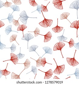 Light Blue, Red vector seamless doodle texture with leaves. leaves on blurred abstract background with gradient. Pattern for design of fabric, wallpapers.