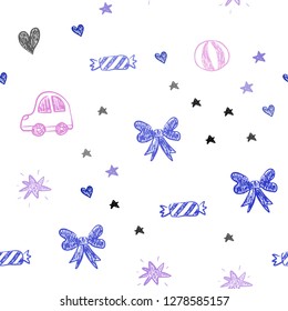 Light Blue, Red vector seamless template with carnival elements. Illustration with a colorful toy car, heart, baloon, tulip, candy, ball. Design for colorful commercials.