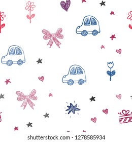 Light Blue, Red vector seamless pattern with christmas toys. Illustration with a gradient toy car, heart, baloon, tulip, candy, ball. Template for new year postcards.