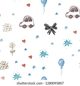 Light Blue, Red vector seamless template with carnival elements. Colorful illustration with a toy car, heart, baloon, tulip, candy, ball. Design for colorful commercials.