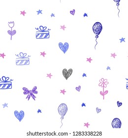 Light Blue, Red vector seamless layout in new year style. Illustration with a colorfulheart, baloon, candy, gift, star, ribbon. Pattern for new year ads.