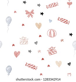 Light Blue, Red vector seamless template in carnival style. Abstract illustration with aheart, baloon, candy, gift, star, ribbon. Pattern for carnival, festival ads.