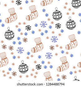 Light Blue, Red vector seamless template with ice snowflakes, balls, socks, mittens. Shining colorful illustration in christmas style. Design for wallpaper, fabric makers.