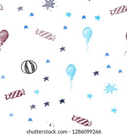 Light Blue, Red vector seamless layout in new year style. Illustration with a colorful toy car, baloon, candy, star, ball. Pattern for new year ads.