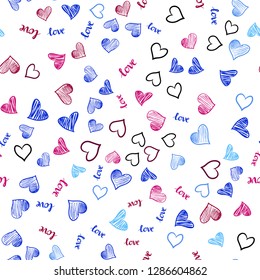 Light Blue, Red vector seamless backdrop with phrase LOVE YOU, hearts. Romantic illustration with colorful phrase LOVE YOU, hearts. Design for textile, fabric, wallpapers.