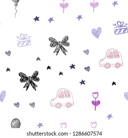 Light Blue, Red vector seamless backdrop with holiday gifts. Shining illustration with a toy car, heart, baloon, tulip, candy, ball. Design for holiday adverts.