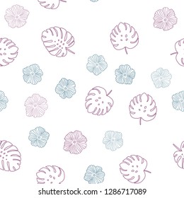 Light Blue, Red vector seamless elegant pattern with flowers, leaves. Sketchy doodles on white background. Pattern for trendy fabric, wallpapers.
