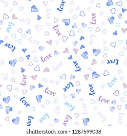 Light Blue, Red vector seamless pattern with phrase LOVE YOU, hearts. Illustration with words of love, hearts in abstract style. Pattern for design of fabric, wallpapers.