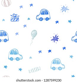 Light Blue, Red vector seamless layout in new year style. Shining illustration with a toy car, baloon, candy, star, ball. Template for new year postcards.