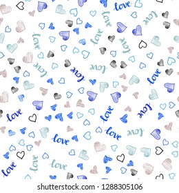 Light Blue, Red vector seamless pattern with phrase LOVE YOU, hearts. Illustration with words of love, hearts in abstract style. Pattern for design of fabric, wallpapers.