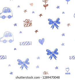 Light Blue, Red vector seamless pattern with christmas toys. Design in xmas style with a toy car, heart, baloon, tulip, candy, ball. Pattern for birthday gifts.