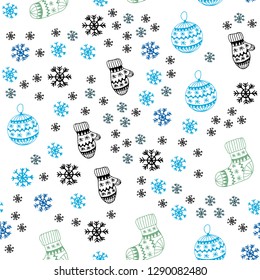 Light Blue, Red vector seamless layout with bright snowflakes, balls, socks, mittens. Glitter abstract illustration with gradient. Pattern for design of fabric, wallpapers.