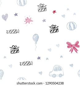 Light Blue, Red vector seamless background with xmas attributes. Shining illustration with a toy car, heart, baloon, tulip, candy, ball. Design for holiday adverts.
