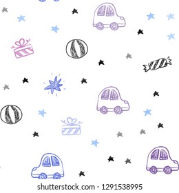 Light Blue, Red vector seamless layout in new year style. Colorful illustration with a toy car, baloon, candy, star, ball. Pattern for new year ads.