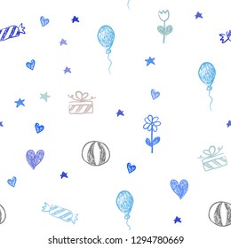 Light Blue, Red vector seamless pattern in christmas style. Illustration with a gradientheart, baloon, candy, gift, star, ribbon. Pattern for new year ads.