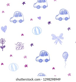 Light Blue, Red vector seamless pattern with christmas toys. Illustration with a gradient toy car, heart, baloon, tulip, candy, ball. Pattern for new year ads.