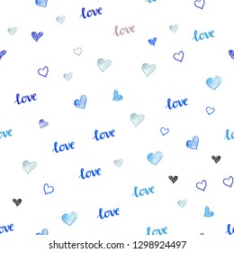 Light Blue, Red vector seamless texture with words LOVE  , hearts. Romantic illustration with colorful phrase LOVE  , hearts. Pattern for trendy fabric, wallpapers.