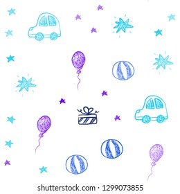 Light Blue, Red vector seamless layout in new year style. Shining illustration with a toy car, baloon, candy, star, ball. Pattern for birthday gifts.