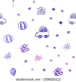 Light Blue, Red vector seamless background in xmas style. Illustration with a colorful toy car, baloon, candy, star, ball. Design for holiday adverts.