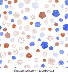 Light Blue, Red vector seamless doodle layout with leaves, flowers. An elegant bright illustration with leaves and flowers. Texture for window blinds, curtains.