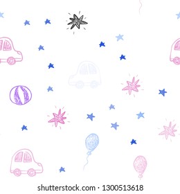 Light Blue, Red vector seamless pattern in christmas style. Illustration with a gradient toy car, baloon, candy, star, ball. Pattern for new year ads.