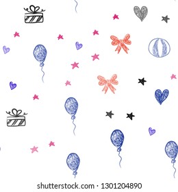 Light Blue, Red vector seamless texture in birthday style. Shining illustration with aheart, baloon, candy, gift, star, ribbon. Pattern for carnival, festival ads.