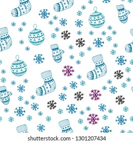Light Blue, Red vector seamless cover with beautiful snowflakes, balls, socks, mittens. Modern geometric abstract illustration. Design for wallpaper, fabric makers.