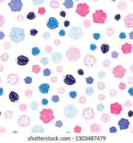 Light Blue, Red vector seamless doodle background with leaves, flowers. Leaves, flowers in natural style on white background. Design for textile, fabric, wallpapers.