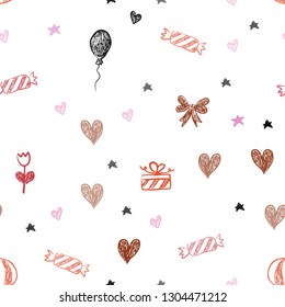 Light Blue, Red vector seamless background in xmas style. Abstract illustration with aheart, baloon, candy, gift, star, ribbon. Pattern for new year ads.