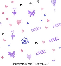 Light Blue, Red vector seamless layout in new year style. Illustration with a gradientheart, baloon, candy, gift, star, ribbon. Pattern for birthday gifts.