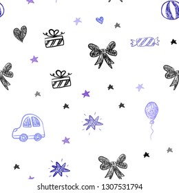 Light Blue, Red vector seamless texture with birthday gifts. Illustration with a colorful toy car, heart, baloon, tulip, candy, ball. Design for holiday adverts.