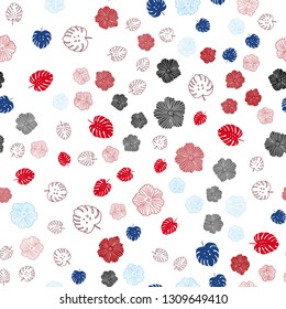 Light Blue, Red vector seamless natural backdrop with leaves, flowers. Colorful illustration in doodle style with leaves, flowers. Texture for window blinds, curtains.