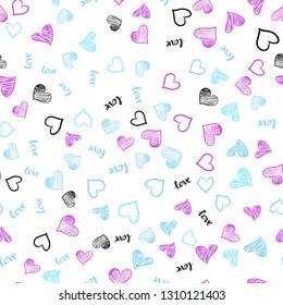 Light Blue, Red vector seamless texture with words LOVE YOU, hearts. Colorful illustration with quote LOVE YOU, hearts. Pattern for trendy fabric, wallpapers.