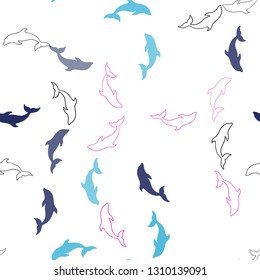 Light Blue, Red vector seamless backdrop with ocean dolphins. Isolated sea dolphins on white background. Natural design for wallpapers.