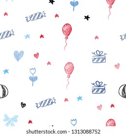 Light Blue, Red vector seamless texture in birthday style. Abstract illustration with aheart, baloon, candy, gift, star, ribbon. Pattern for carnival, festival ads.