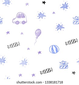Light Blue, Red vector seamless backdrop in holiday style. Illustration with a gradient toy car, baloon, candy, star, ball. Pattern for new year ads.