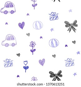 Light Blue, Red vector seamless pattern with christmas toys. Illustration with a colorful toy car, heart, baloon, tulip, candy, ball. Design for holiday adverts.