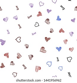 Light Blue, Red vector seamless texture with words LOVE YOU, hearts. Romantic illustration with colorful phrase LOVE YOU, hearts. Pattern for trendy fabric, wallpapers.