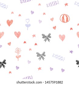 Light Blue, Red vector seamless pattern in christmas style. Illustration with a colorfulheart, baloon, candy, gift, star, ribbon. Template for new year postcards.