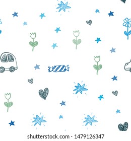 Light Blue, Red vector seamless layout with new year gifts. Design in xmas style with a toy car, heart, baloon, tulip, candy, ball. Design for holiday adverts.